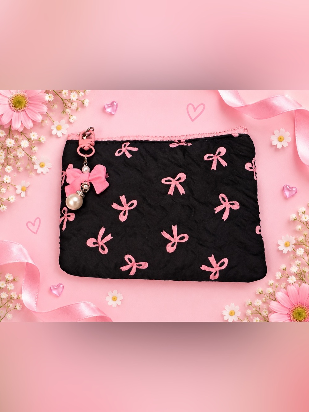 Black & Pink Bow Cosmetic Pouch NWOT